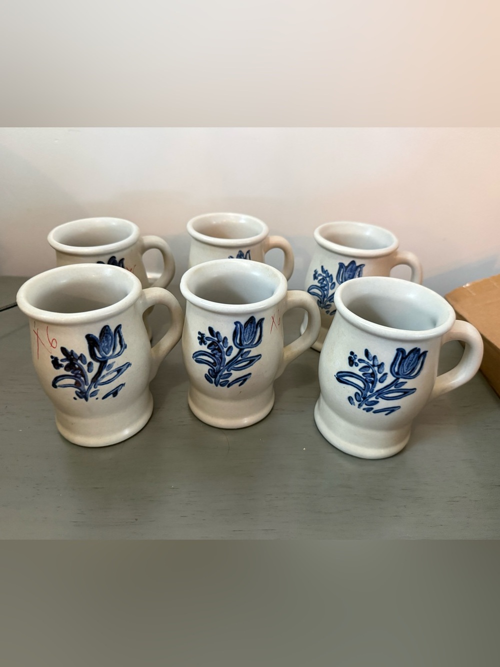Pfaltzgraff Vintage Yorktown Footed Coffee Set of 6 Mugs Stoneware Blue Floral